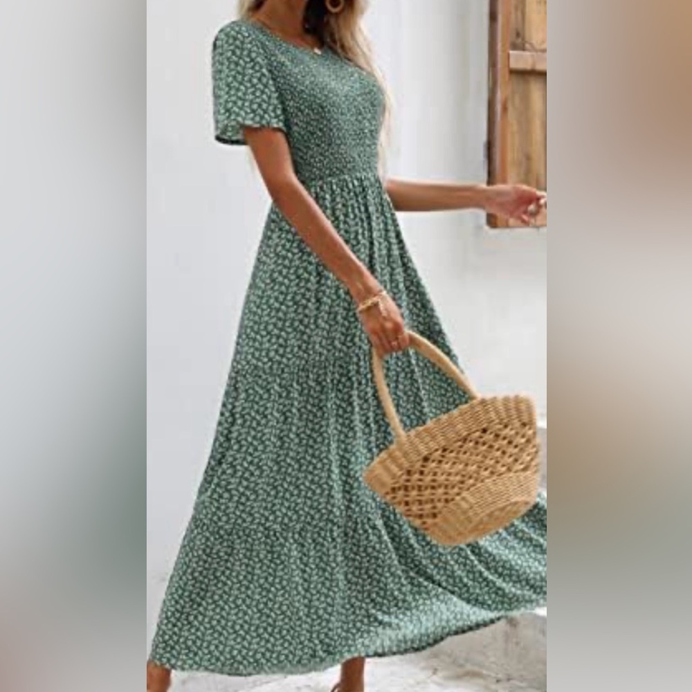 Zattcas Smocked top Olive Patterned Maxi Dress size L